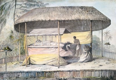 Begrafenis met overledene onder baldakijn, Tahiti, Genootschapseilanden, aquarel door John Webber uit beschrijving van de laatste reis van kapitein James Cook, Polynesië door John Webber