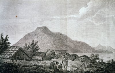 Binnenkant van hippah op het eiland Motuara, gebaseerd op tekening van John Webber (1750-1793), uit verslag van laatste reis van James Cook (1776-1779), gravure door John Webber