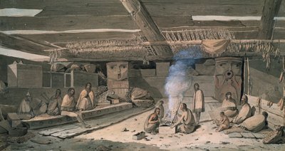 Interieur van een Nootka Native American huis, tekening door John Webber
