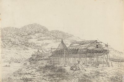 De Balagans of zomerverblijven, met de methode van vis drogen, in St. Peter en Paul, Kamtsjatka door John Webber