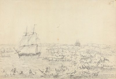 De Resolution die door het ijs slaat, met de Discovery in het grootste gevaar in de verte door John Webber