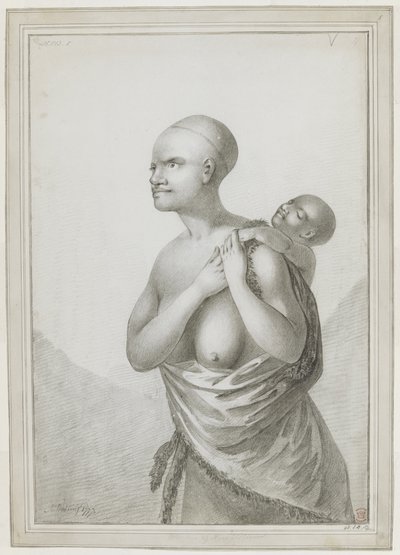 [Hele tekening] Een Tasmaanse vrouw die een kind op haar rug draagt, met een huid over haar linker schouder om haar middel. Januari 1777 door John Webber