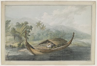 [Gehele tekening] Een kano van Ulietea [Raiatea]. Een man, met inheemse manden, zit op de planken van een outrigger 