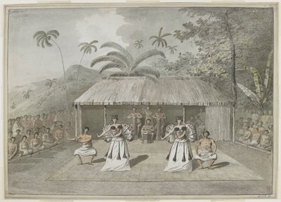 Een dans of heiva op Otaheite [Tahiti]. Twee mannen en twee vrouwen dansen, met drummers erachter en toeschouwers aan beide zijden. September 1777 door John Webber