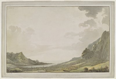 [Gehele tekening]. Een uitzicht vanaf Aimeo Haven [Papetoai Baai], kijkend naar de zee; de masten van de 