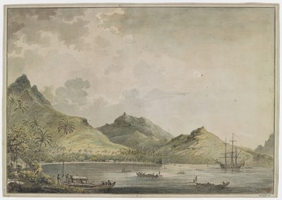 [Gehele tekening]. Een uitzicht op de haven van Huahine [Fare Harbour] met piekbergen, inclusief Mount Turi, op de achtergrond. In de baai ligt de 