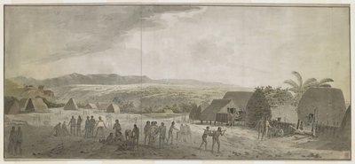 Tekening van het bezoek van Captain Cook aan het dorp Waimea, Atooi [Kauai], januari 1778. Sommige mannen rollen vaten, anderen ruilen met Hawaiianen. Rechts dragen twee inboorlingen een varken aan een paal. Op de achtergrond inheemse hutten door John Webber