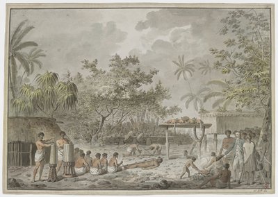 [Hele tekening] Menselijk offer bij de grote morai in Attahouroo [Utuaimahurau], Tahiti, waargenomen door Kapitein Cook op 1 september 1777. Een gebonden figuur op de voorgrond, met mannen die een gat graven voor het lichaam erachter, en de whatta met twee door John Webber
