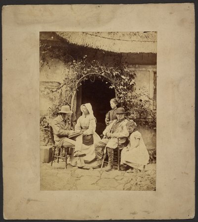 [Groep zittend voor open deur: twee mannen met hoeden, vrouw met muts, twee jonge meisjes - één staand]. door John Whistler