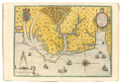 Kaart van Virginia met de aankomst van de expeditie van Sir Walter Raleigh in 1585 door John White