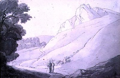 Heuvelachtig landschap met twee figuren door John White Abbott
