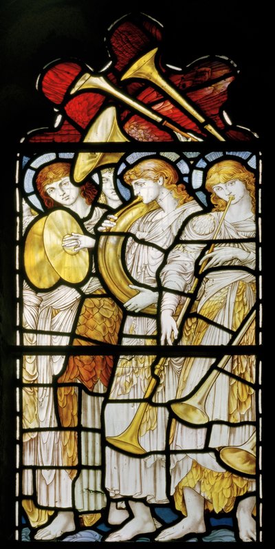 Muzikale Engelen, Te Deum, Oostraam, ca. 1888 (glas-in-lood) door John William Brown