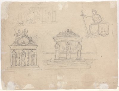 Studies van klassieke tempelgevels en zittende vrouwelijke figuur [verso] door John William Casilear