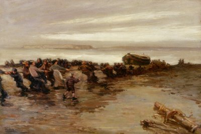 Het binnenhalen van de reddingsboot, Holy Island door John William Gilroy