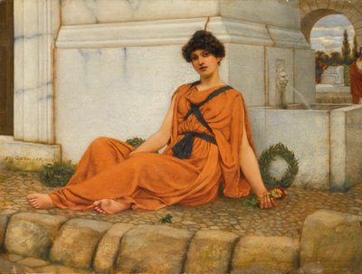 Repose, het bloemenmeisje door John William Godward