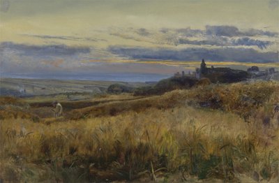Korenveld bij zonsondergang door John William Inchbold
