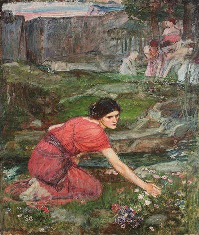 Een studie: Meisjes die bloemen plukken bij een stroom, ca. 1909-1914 door John William Waterhouse