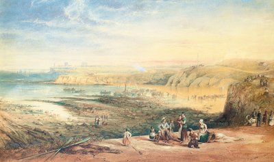Cullercoats richting Tynemouth, Northumberland, met vissers op de voorgrond, 1836 door John Wilson Carmichael
