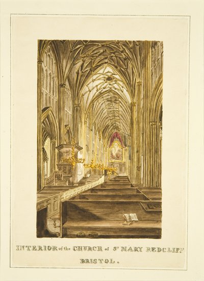 Zicht op het middenpad van St Mary Redcliffe, kijkend naar het oosten, met het Hogarth altaarstuk, ca. 1824 door John Withers
