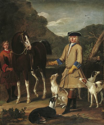 Edward, Lord Seymour, met zijn paard, knecht en honden, in een landschap door John Wootton