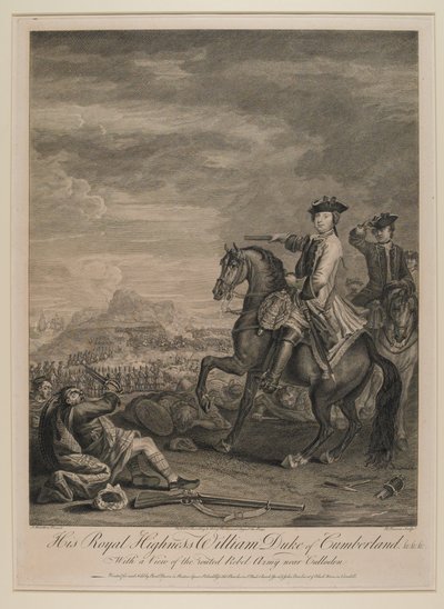 H.K.H. Willem (1721-65) Hertog van Cumberland met een Uitzicht op het Verslagen Leger bij Culloden, 1746, uitgegeven door B. Baron, 1747 door John Wootton