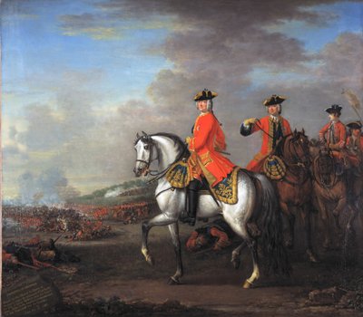 Koning George II bij de Slag bij Dettingen, met de Hertog van Cumberland en Robert, 4e Graaf van Holderness door John Wootton