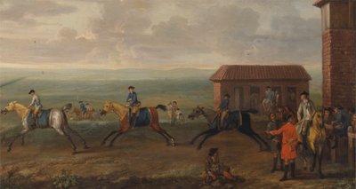 Lord Portmore kijkt naar racepaarden tijdens de training op Newmarket Heath door John Wootton