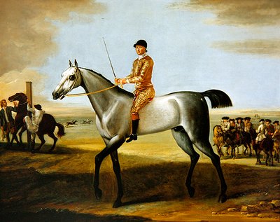 De beroemde grijze renpaard Coneyskins van de hertog van Rutland met jockey op Newmarket Heath door John Wootton