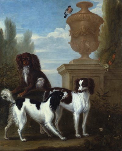 Drie spaniels bij een urn in een bosrijk landschap door John Wootton