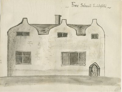 Lichfield - Grammar School: sepia wash tekening, nd [1784] door John Wright
