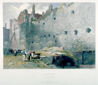 Uitzicht op Tower Postern en London Wall met gravende mannen, City of London, 1851 door John Wykeham Archer