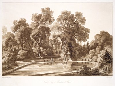 Uitzicht op de tempelfontein en grot, Sezincote, gegraveerd door Frederick Christian Lewis Snr. door John after Martin