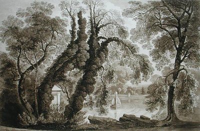 Uitzicht op de tempelfontein vanaf de andere kant, Sezincote, gegraveerd door Frederick Christian Lewis Snr. door John after Martin