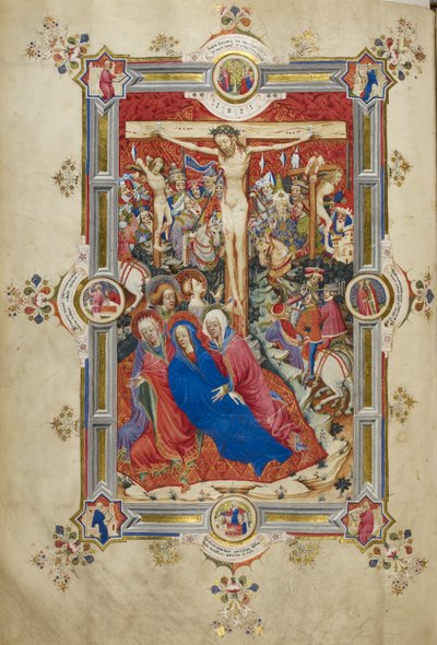 De kruisiging, introductie van de Canon van de Mis. Christus aan het kruis, geflankeerd door dieven, flauwvallende Maagd ondersteund door vrouwen en St. Johannes, Magdalena aan de voet van het kruis. Menigte van ruiters in eigentijdse kleding, inclusief Lo door John and Siferwas John (fl. 1380–1421 Whas