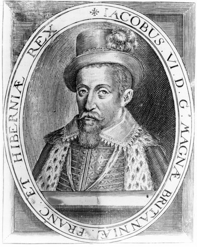 James VI van Schotland, prent uitgegeven door H. Jacopsen, 1618 door John de Critz