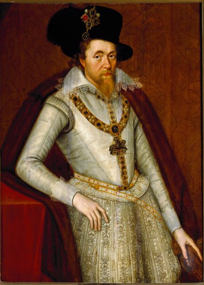 Portret van Jacobus I van Engeland en VI van Schotland, Ridders van de Orde van de Kousenband, ca. 1610 door John de Critz