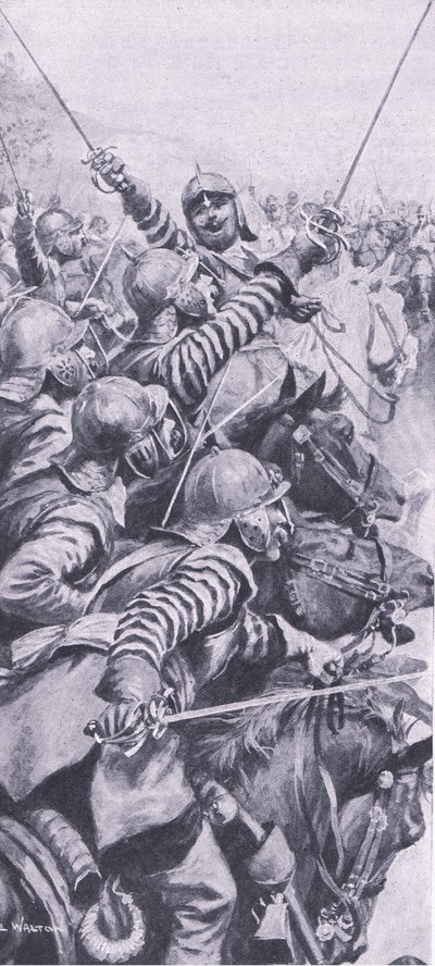 Cavaleriegevecht bij de slag om Edgehill, 23 oktober 1642, illustratie uit Britse gevechten op land en zee, 1915 door John de Walton
