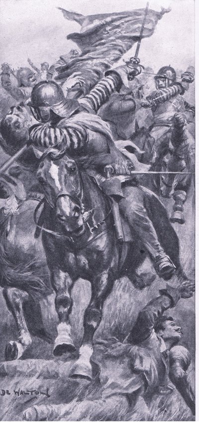 Luitenant John Smith heroverde de standaard van de koning bij Edgehill, 23 oktober 1642, illustratie uit Britse gevechten op land en zee, 1915 door John de Walton