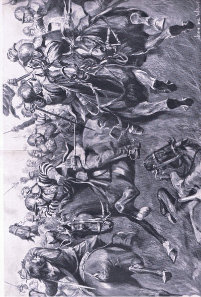 Marston Moor, 2 juli 1644: De Schotse cavalerie onder Leslie, aanvallend op de flank van Prins Rupert, illustratie uit Britse gevechten op land en zee, 1915 door John de Walton