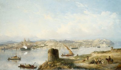 Een Uitgebreid Uitzicht op Lissabon aan de Rivier Tejo met de Praca do Terreiro do Paco, de Oude Kathedraal en het Castelo de S. Jorge door John or Giovanni Schranz