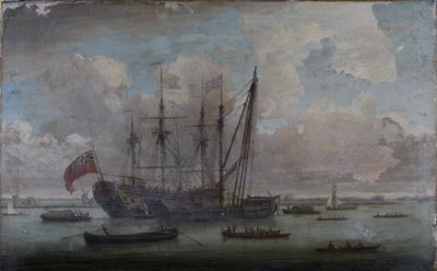 Een Sheer Hulk die een Oost-Indiëvaarder herstelt door John the Elder Cleveley