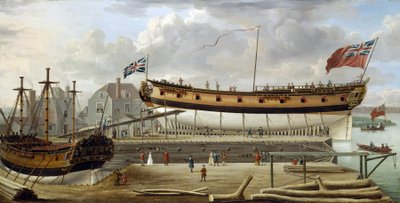 Een zesdeklasser, een oorlogsschip van de Britse Koninklijke Marine, in droogdok, de scheepswerf is waarschijnlijk die van Rotherhite, aan de zuidelijke oever van de Theems, Engeland door John the Elder Cleveley