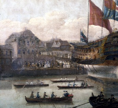 De lancering bij de scheepswerf van Deptford (detail) door John the Elder Cleveley