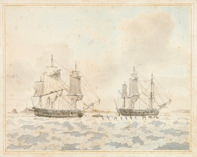 De Britse schepen Racehorse en Carcass, vast in het ijs tijdens een Arctische expeditie, 31 juli door John the Younger Cleveley