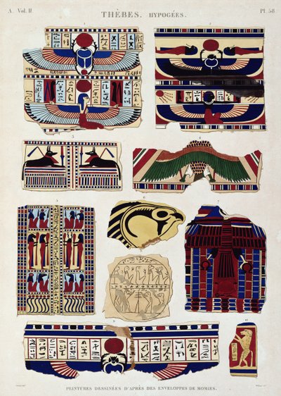 Illustraties van geschilderde ontwerpen van de wikkels van de mummies, Hypogees, Thebe, plaat 58 uit Vol II van `Beschrijvingen van Egypte`, gegraveerd door Willemin, 1822 door Jomard