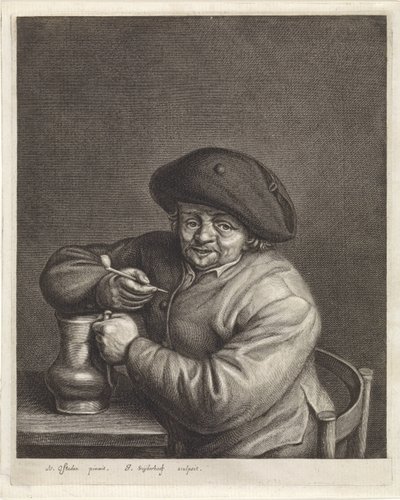 Boer met pijp en kruik in de hand bij een tafel door Jonas Suyderhoef