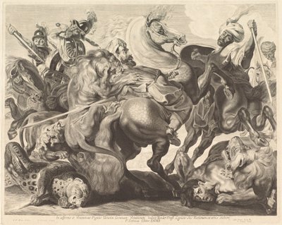 Een leeuwenjacht door Jonas Suyderhoff after Sir Peter Paul Rubens