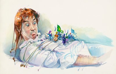 Lemuel Gulliver gevangen door Lilliputters, uit Gulliver