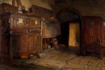 Een Bretonse cottage interieur, 1887 door Jonathon Pratt