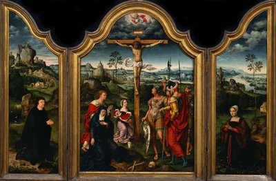 Drieluik: De Kruisiging met Donor en Zijn Vrouw door Joos van Cleve